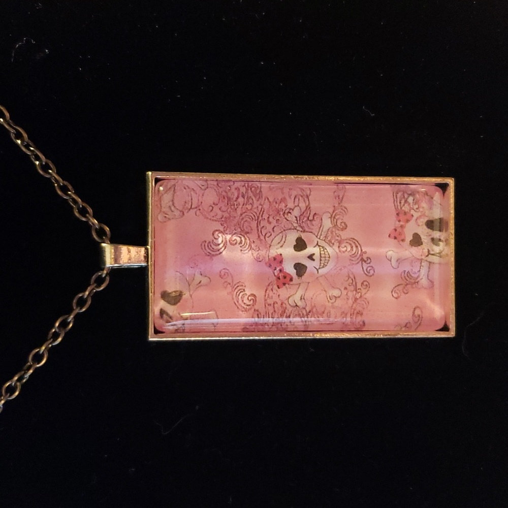 Handcrafted Pink Skull with Flowers Pendent